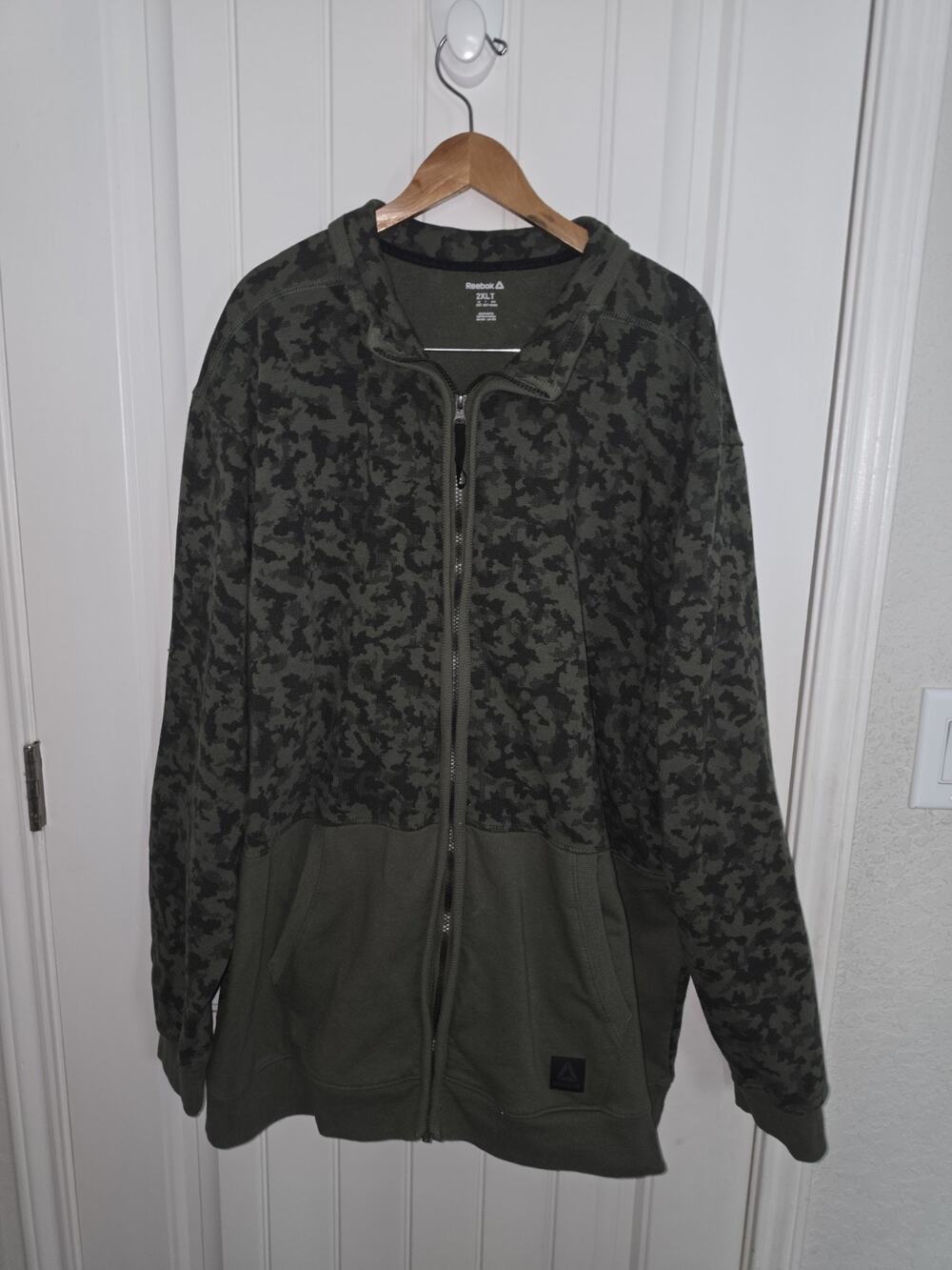 Reebok Mens 2XLT Camo Full Zip Hoodie Olive Green Black Big Tall Sweatshirt